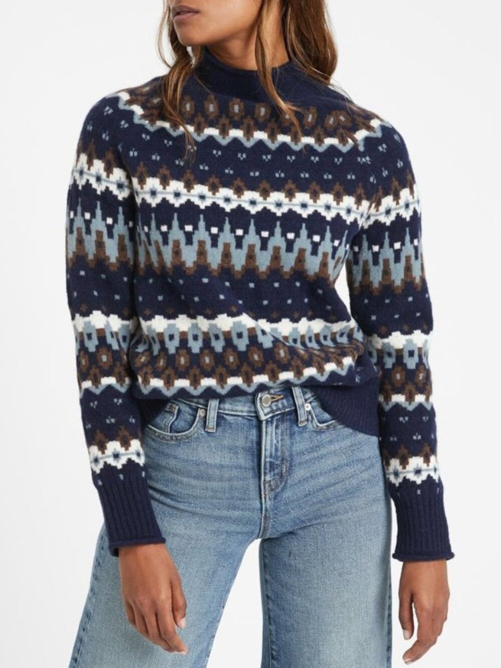 New BR Wool Blend Fair Isle Glitter Sweater Navy Large